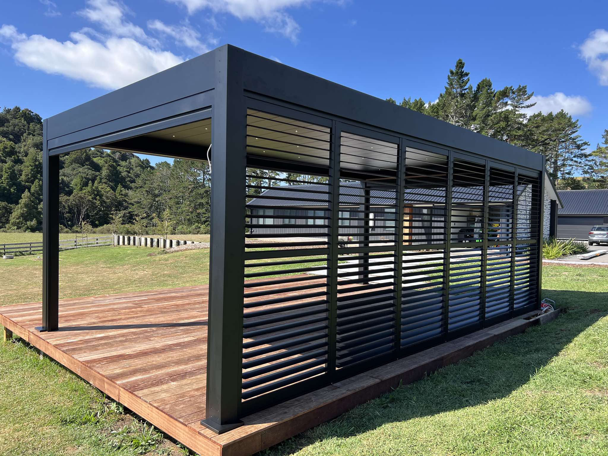 Elite Plus Louvre Pergola - Matt Black with Fixed Louvre Shutters - 7000mm x 4000mm